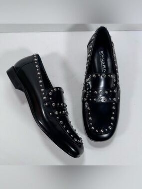 Donald Pliner Evline Black Leather Silver Studded Slip On Penny Loafer Women 7